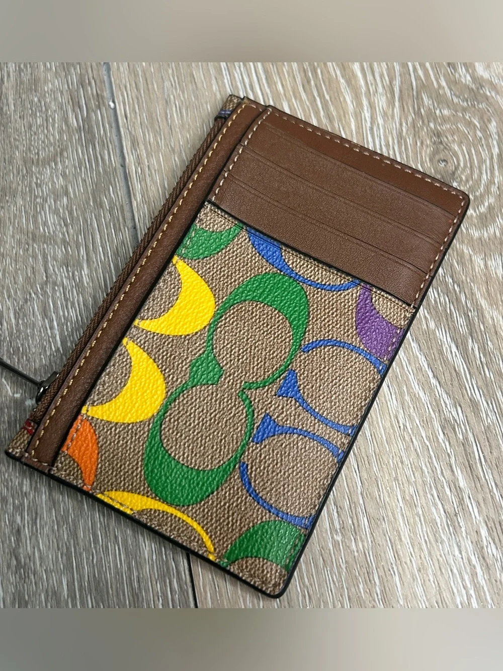 COACH Zip Card Case Wallet Rainbow Signature Canvas Leather Pride C9862